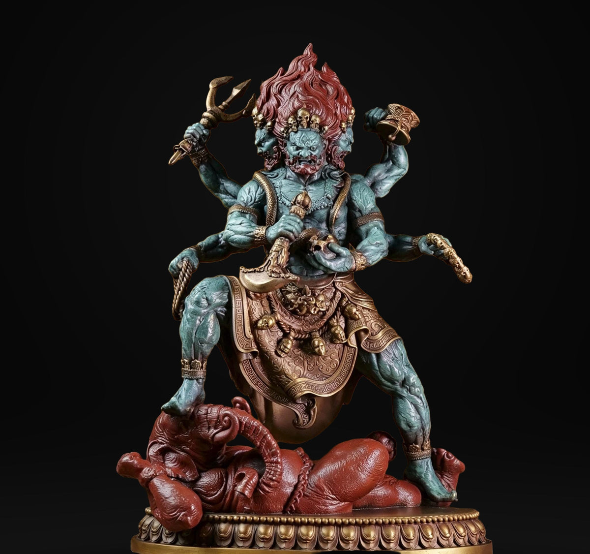 Brass Six Armed Mahakala Statue 25cm, Handcrafted Tibetan Buddhist Three Headed Wrathful Deity, Vajrayana Altar Decor Gift