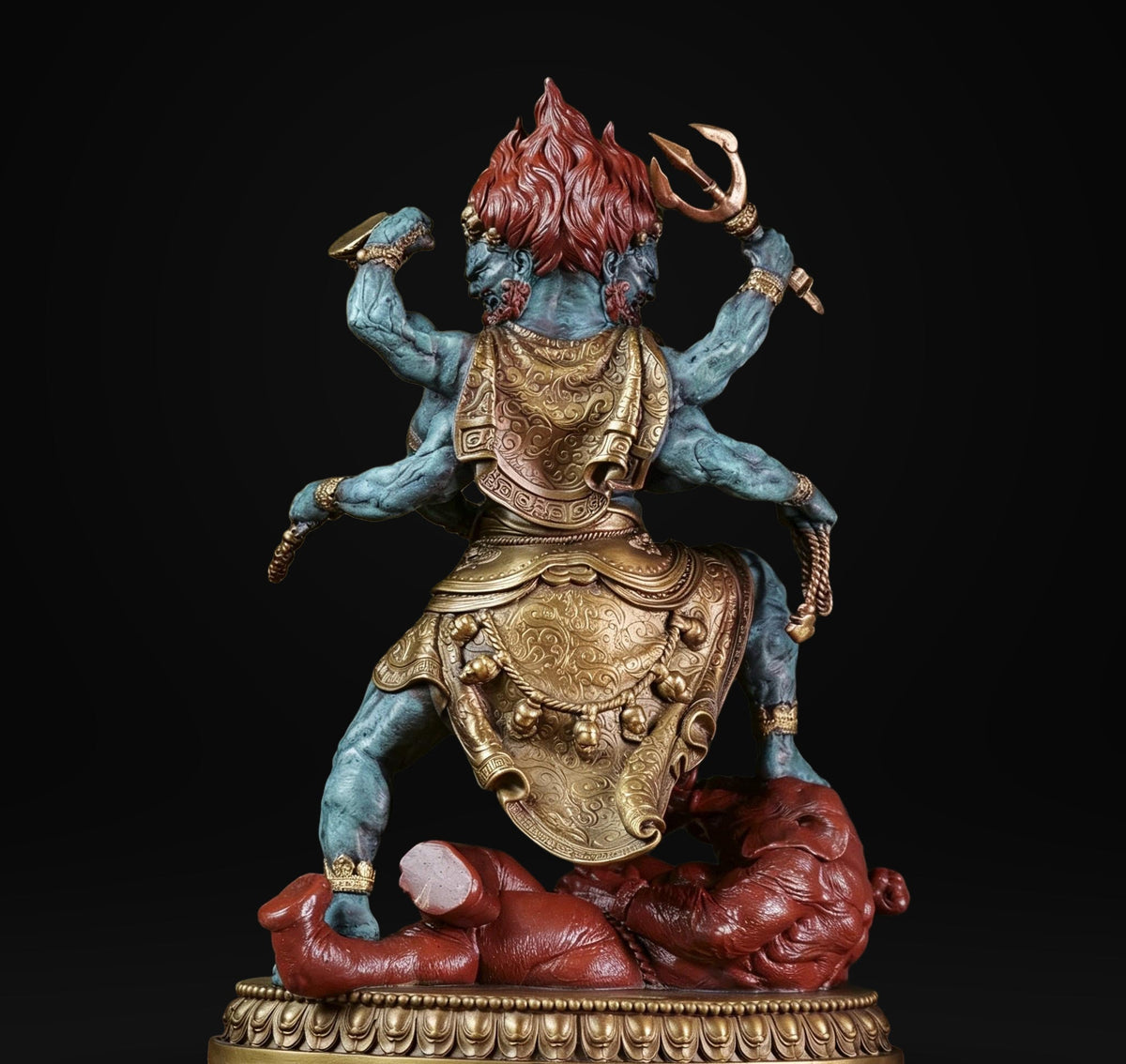 Brass Six Armed Mahakala Statue 25cm, Handcrafted Tibetan Buddhist Three Headed Wrathful Deity, Vajrayana Altar Decor Gift