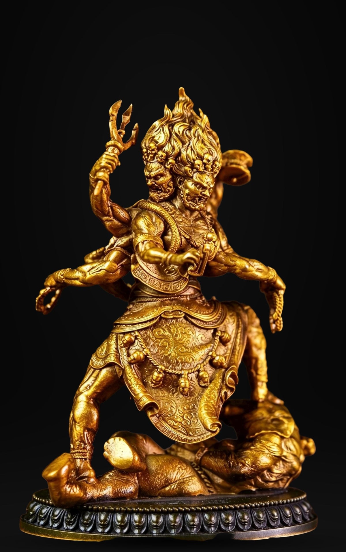 Brass Six Armed Mahakala Statue 10cm, Mini Tibetan Buddhist Three Headed Wrathful Deity, Portable Vajrayana Shrine Decor Gift