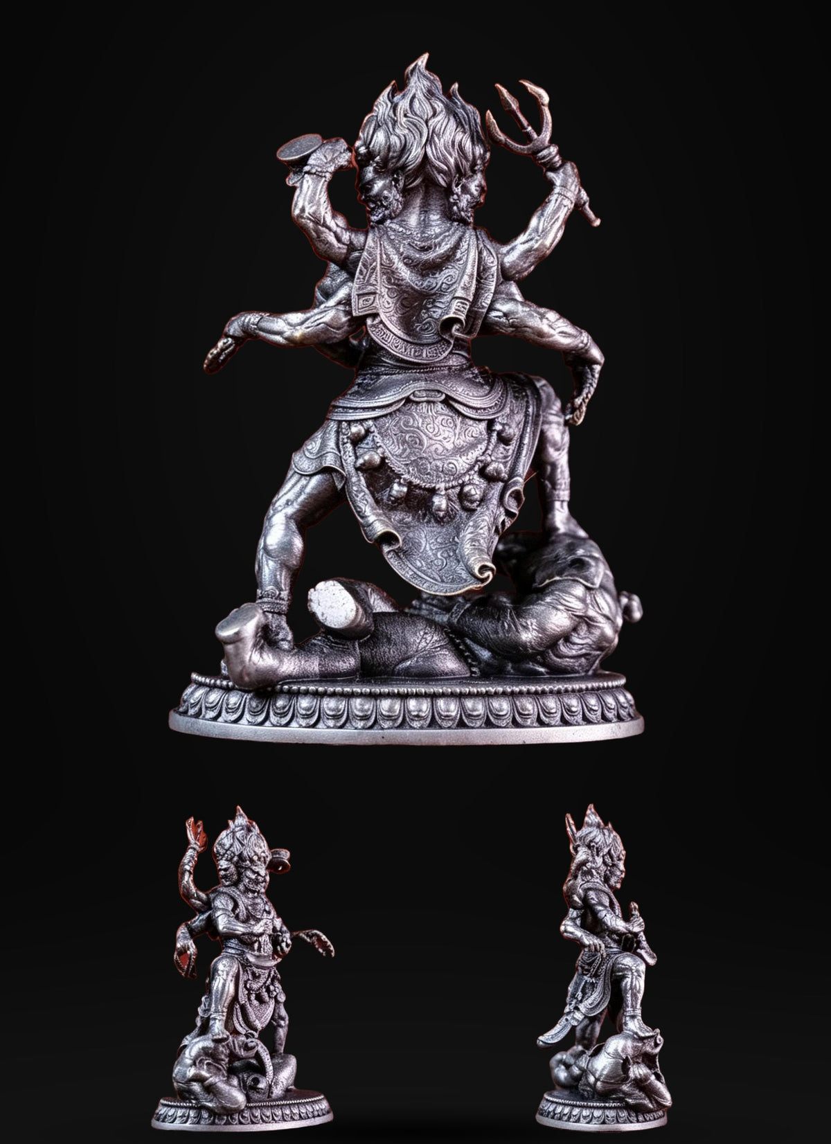 Brass Six Armed Mahakala Statue 10cm, Mini Tibetan Buddhist Three Headed Wrathful Deity, Portable Vajrayana Shrine Decor Gift