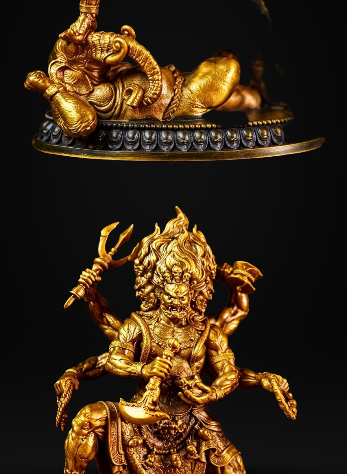 Brass Six Armed Mahakala Statue 10cm, Mini Tibetan Buddhist Three Headed Wrathful Deity, Portable Vajrayana Shrine Decor Gift