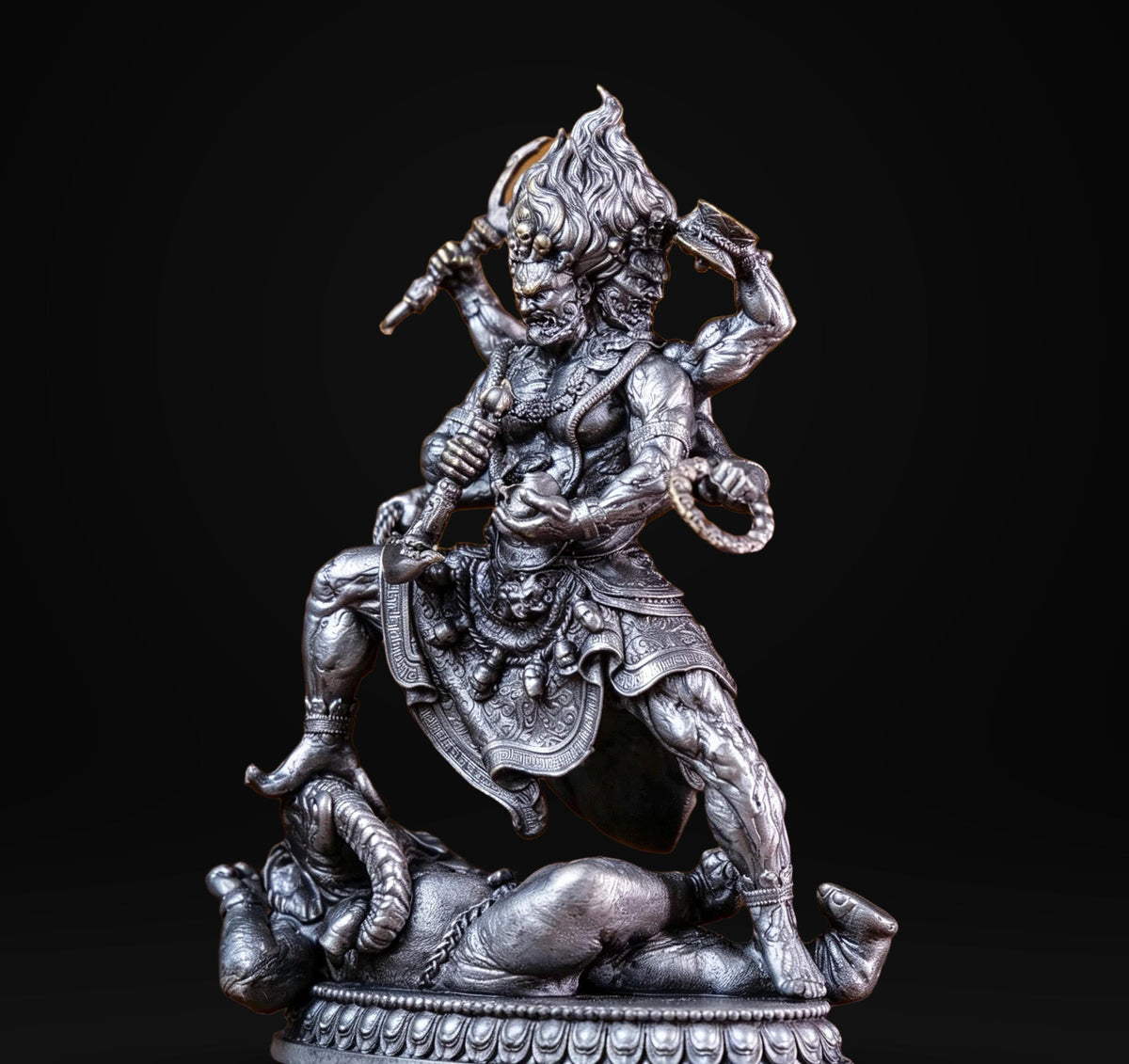Brass Six Armed Mahakala Statue 10cm, Mini Tibetan Buddhist Three Headed Wrathful Deity, Portable Vajrayana Shrine Decor Gift