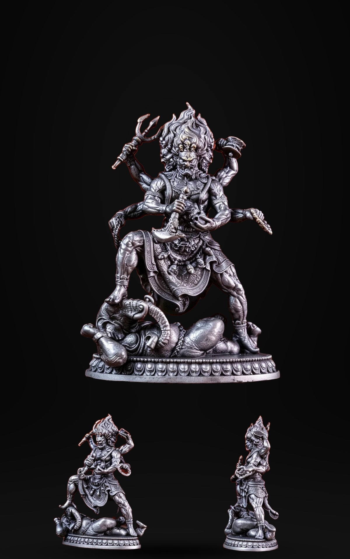Brass Six Armed Mahakala Statue 10cm, Mini Tibetan Buddhist Three Headed Wrathful Deity, Portable Vajrayana Shrine Decor Gift