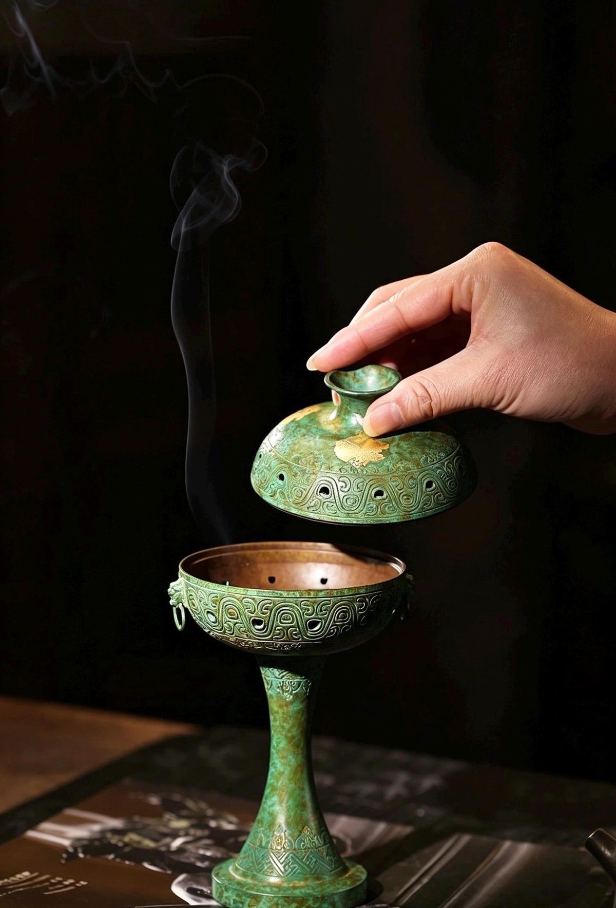 Brass Antique Green Incense Burner, Chinese Song Style Coil Cone Burner, Boshan Dragon Censer, Tea Room Sanctuary Meditation Gift