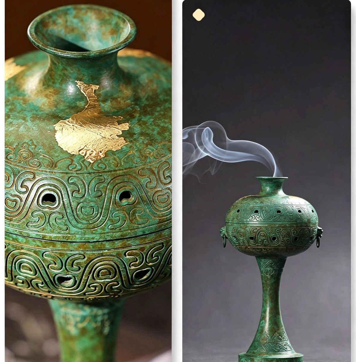 Brass Antique Green Incense Burner, Chinese Song Style Coil Cone Burner, Boshan Dragon Censer, Tea Room Sanctuary Meditation Gift