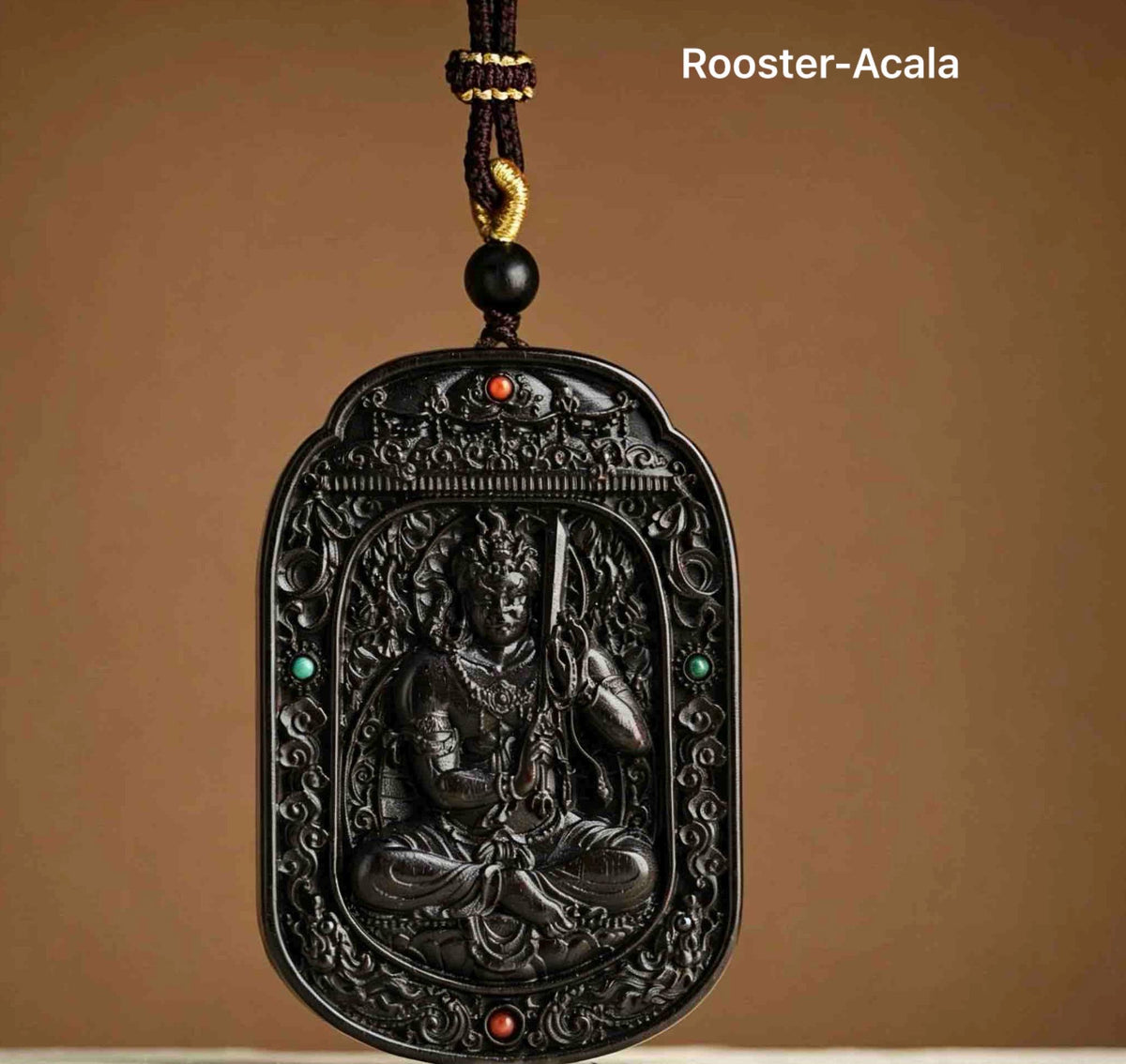Ebony Wood Bodhisattva Pendant Necklace, Carved Ebony Amulet, Red Agate Chinese Zodiac Guardian Pendant, Spiritual Gift