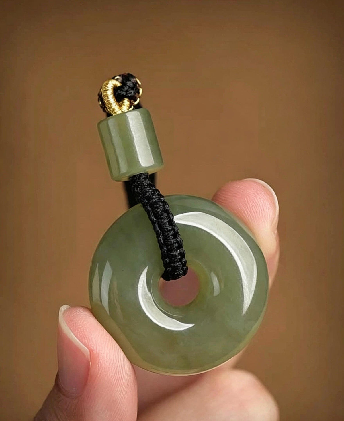 Natural Nephrite Jade Ping An Kou Pendant Necklace, Genuine Green Jade Safety Disc Charm with Barrel Bead, Asian Art Jewelry Gift