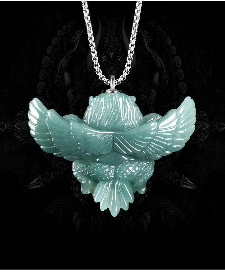 Natural Blue Water Jadeite Garuda Pendant, Carved 3D Eagle Jade Necklace with S925 Sterling Silver Bail, Mythical Bird Jewelry Gift