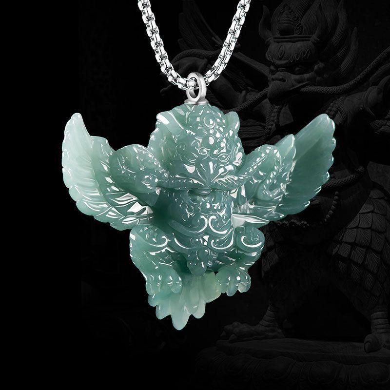 Natural Blue Water Jadeite Garuda Pendant, Carved 3D Eagle Jade Necklace with S925 Sterling Silver Bail, Mythical Bird Jewelry Gift