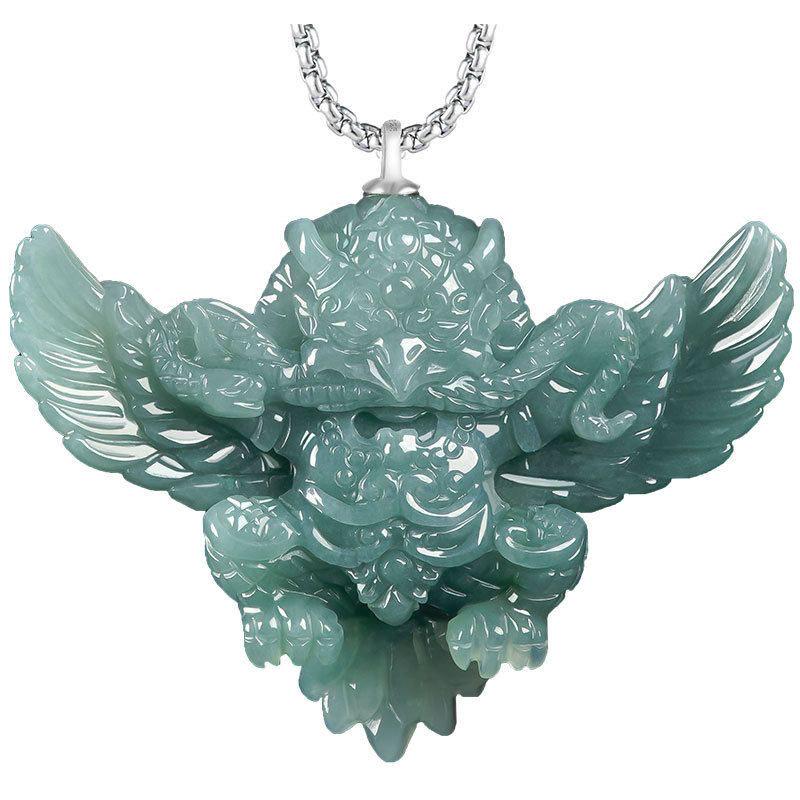 Natural Blue Water Jadeite Garuda Pendant, Carved 3D Eagle Jade Necklace with S925 Sterling Silver Bail, Mythical Bird Jewelry Gift