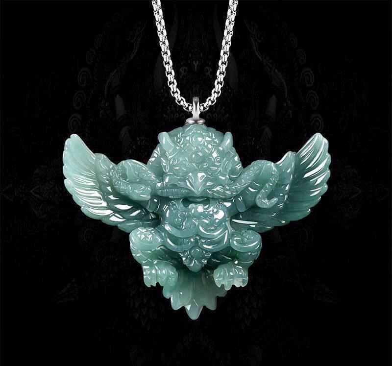 Natural Blue Water Jadeite Garuda Pendant, Carved 3D Eagle Jade Necklace with S925 Sterling Silver Bail, Mythical Bird Jewelry Gift