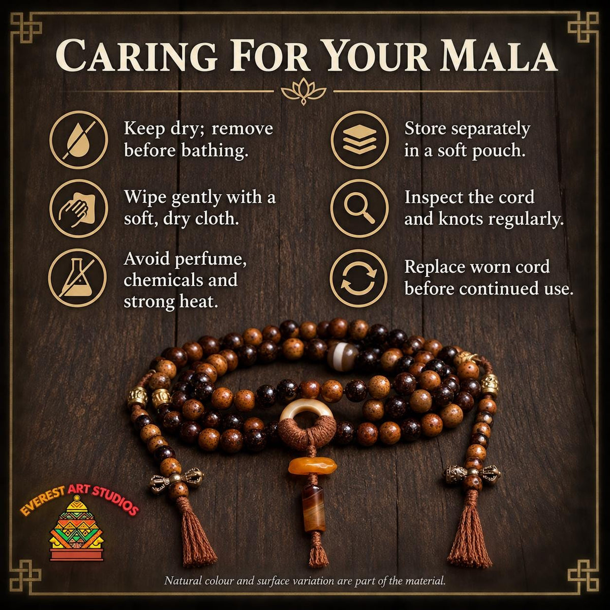EverestArtStudios Star Moon Bodhi 108 Bead Mala, 7.5mm Prayer Beads with Agate, Amber and Counters
