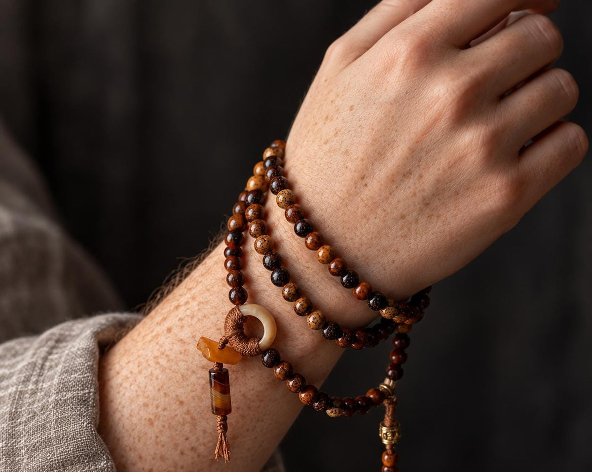 EverestArtStudios Star Moon Bodhi 108 Bead Mala, 7.5mm Prayer Beads with Agate, Amber and Counters