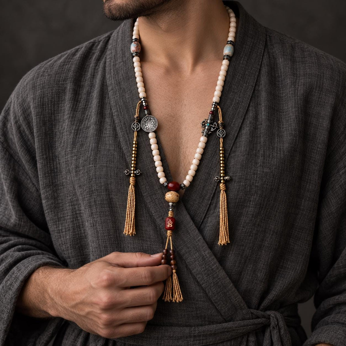 EverestArtStudios White Bodhi Root 108 Bead Mala, 8mm Prayer Beads with Agate, Charms and Counters