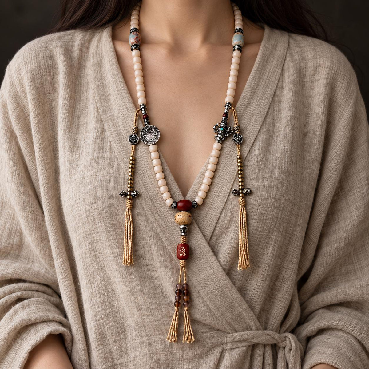 EverestArtStudios White Bodhi Root 108 Bead Mala, 8mm Prayer Beads with Agate, Charms and Counters