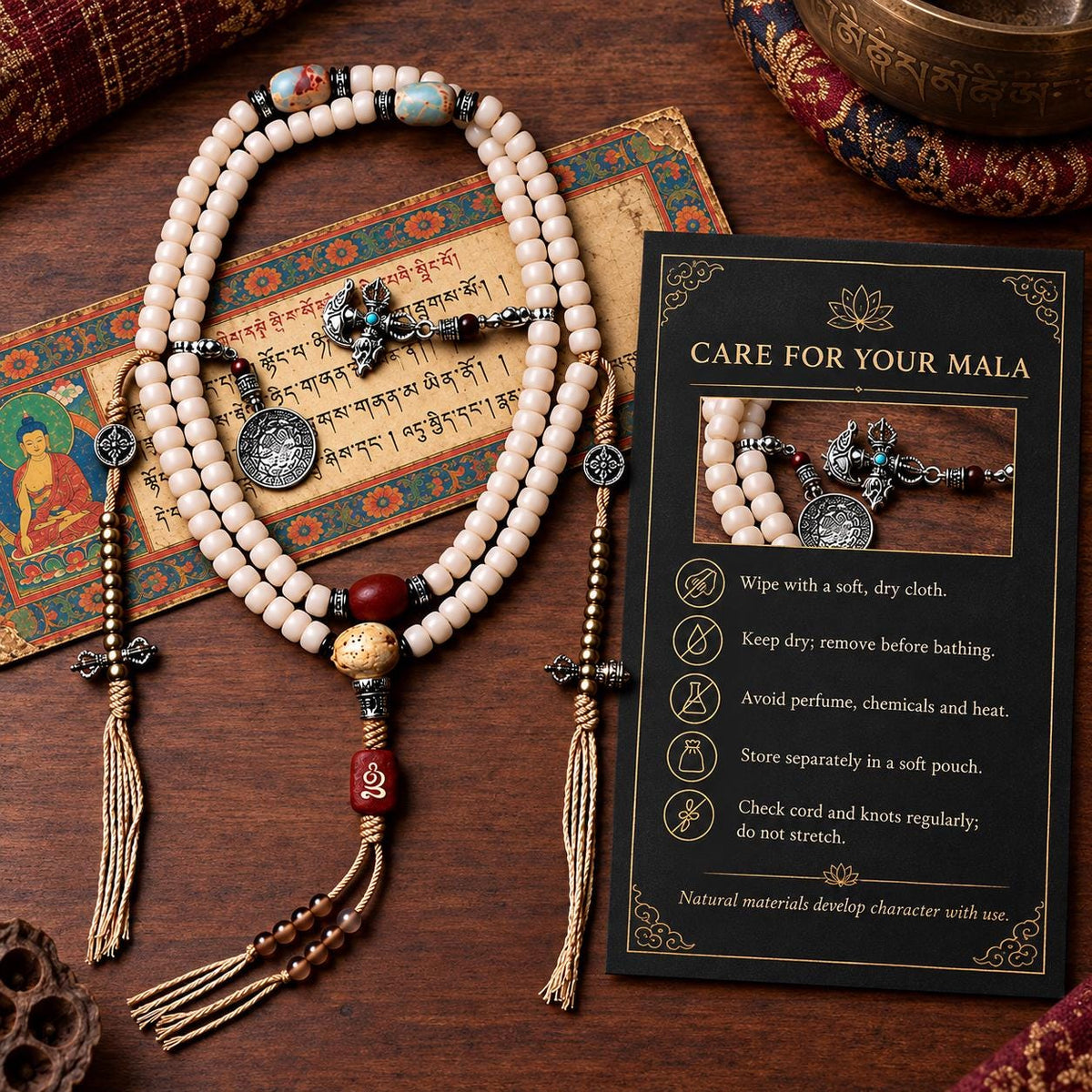 EverestArtStudios White Bodhi Root 108 Bead Mala, 8mm Prayer Beads with Agate, Charms and Counters