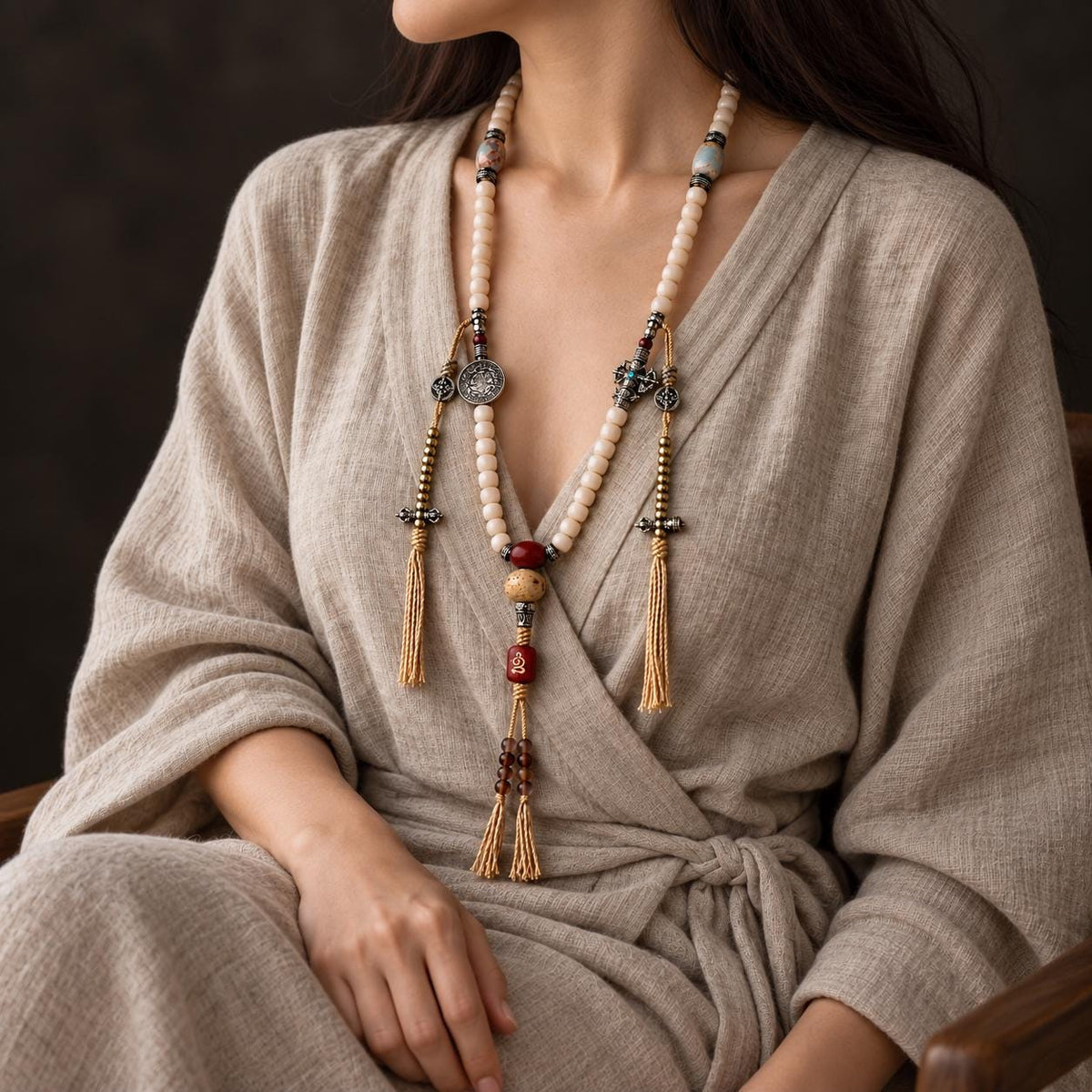 EverestArtStudios White Bodhi Root 108 Bead Mala, 8mm Prayer Beads with Agate, Charms and Counters