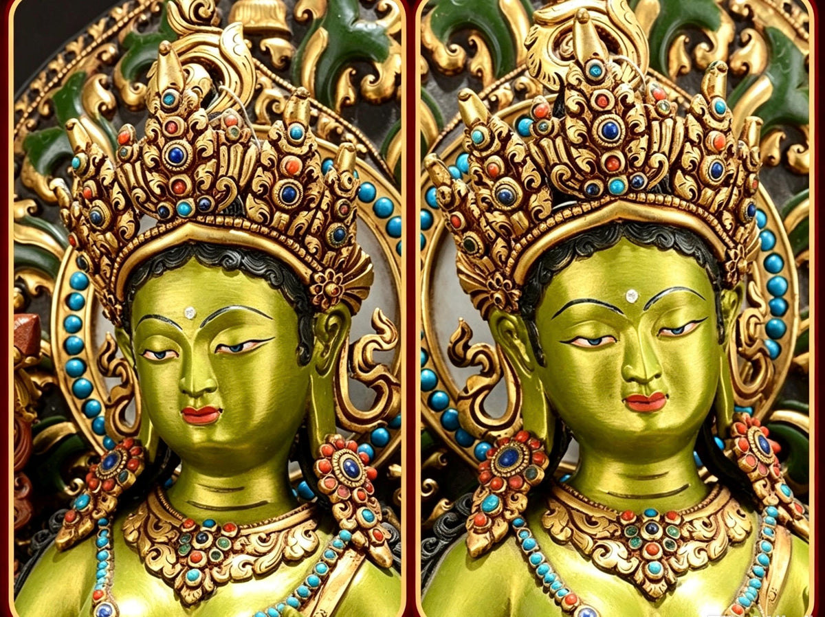 Handpainted Green Tara Copper Statue 17.3", Nepalese Brass Goddess Figurine, Tibetan Buddhist Altar Statue, Home Decor Gift