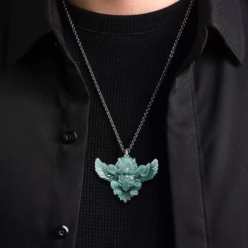 Natural Blue Water Jadeite Garuda Pendant, Carved 3D Eagle Jade Necklace with S925 Sterling Silver Bail, Mythical Bird Jewelry Gift