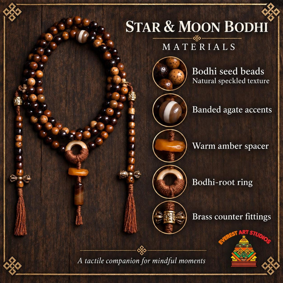 EverestArtStudios Star Moon Bodhi 108 Bead Mala, 7.5mm Prayer Beads with Agate, Amber and Counters