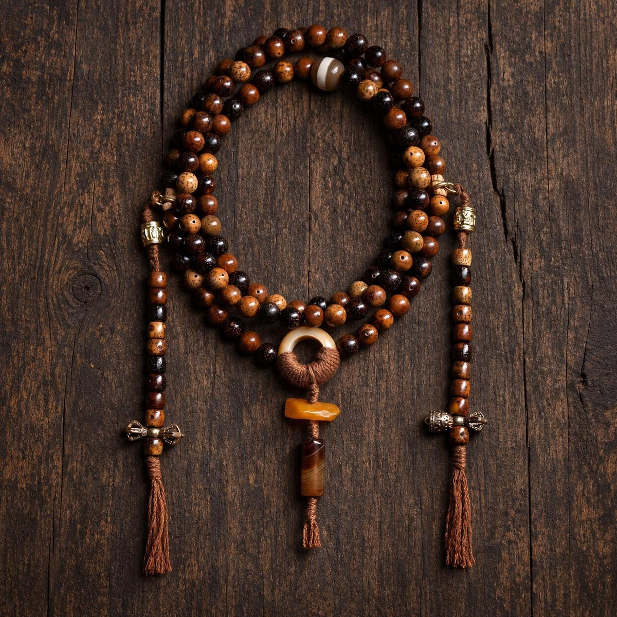 EverestArtStudios Star Moon Bodhi 108 Bead Mala, 7.5mm Prayer Beads with Agate, Amber and Counters