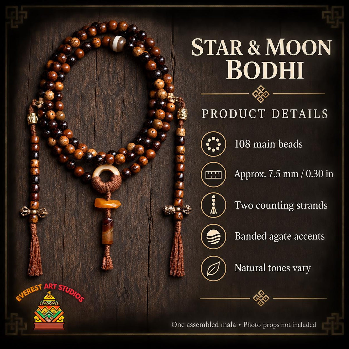 EverestArtStudios Star Moon Bodhi 108 Bead Mala, 7.5mm Prayer Beads with Agate, Amber and Counters