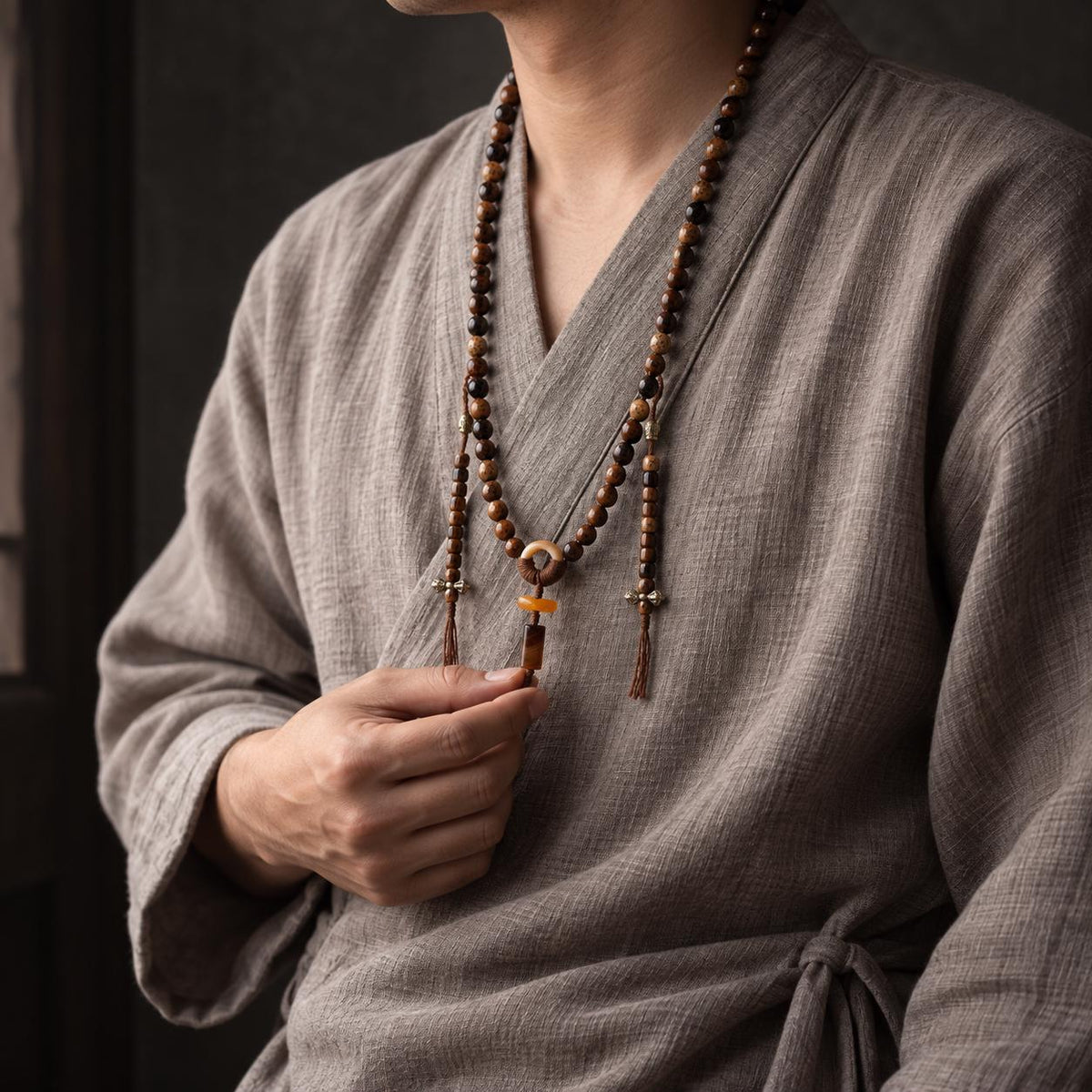 EverestArtStudios Star Moon Bodhi 108 Bead Mala, 7.5mm Prayer Beads with Agate, Amber and Counters