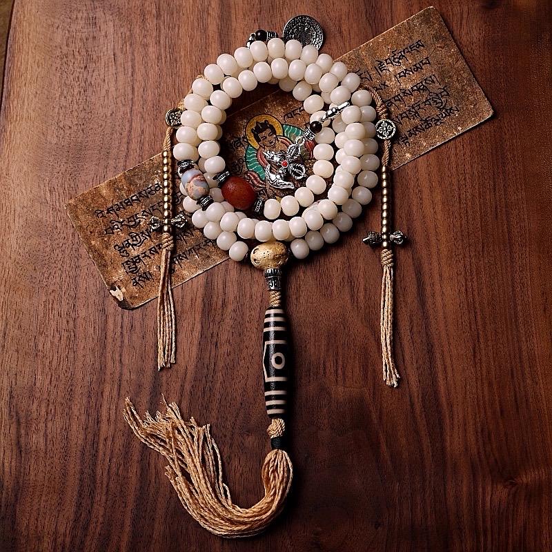 EverestArtStudios White Bodhi Root 108 Bead Mala, 8mm Prayer Beads with Agate, Charms and Counters