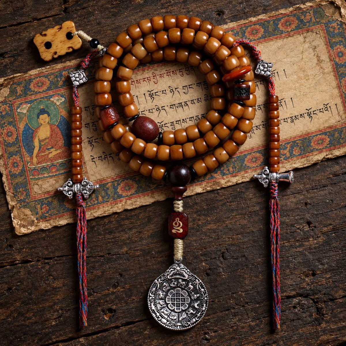 EverestArtStudios Yak Bone 108 Bead Mala, 10mm Prayer Beads, Bagua or Double Vajra Pendant, Optional Counters