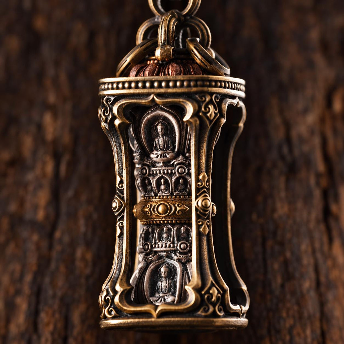 EverestArtStudios Rotating Buddha Pendant, Brass Copper or S925 Silver, Buddhist Relief, Optional Short Braided Strap