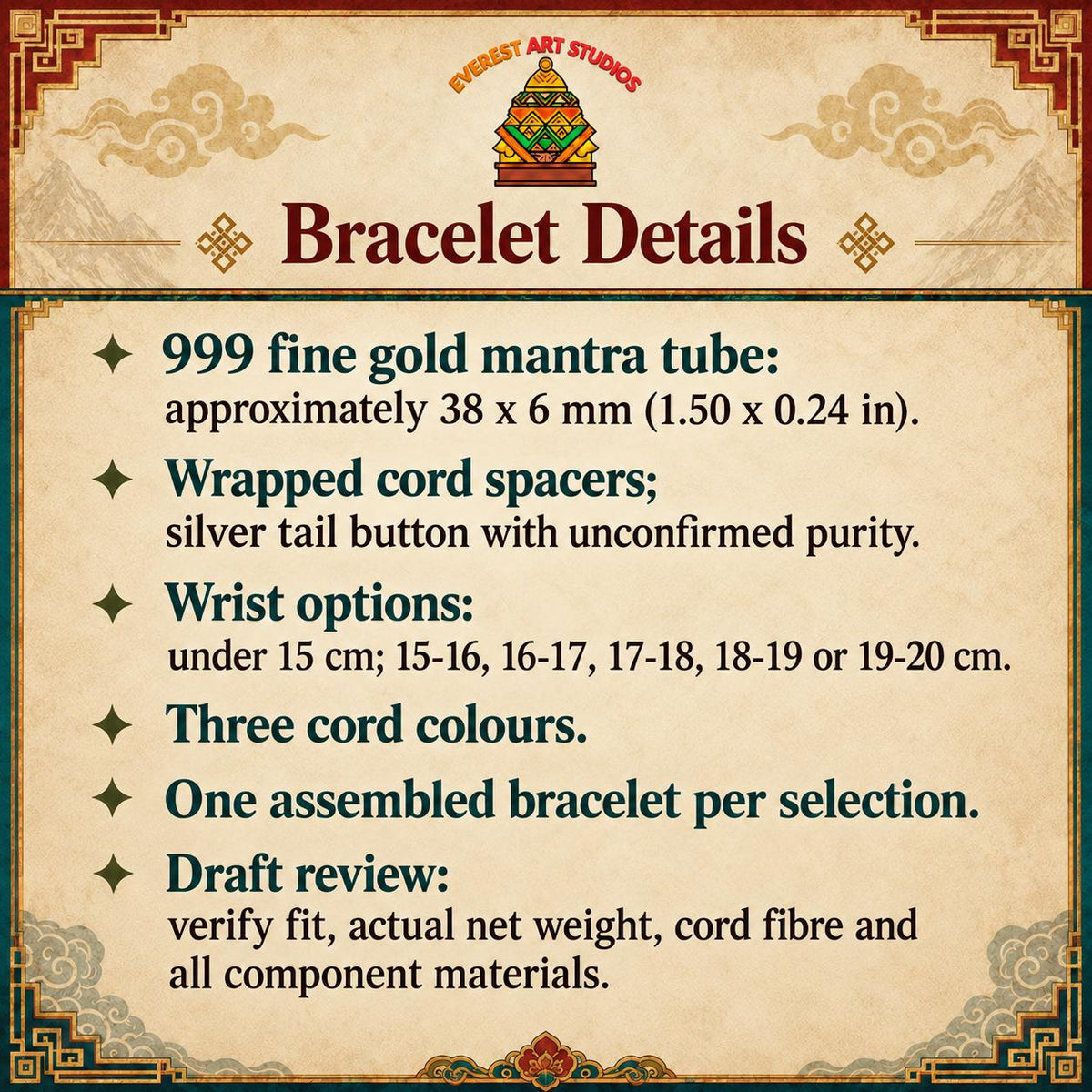 EverestArtStudios 1 gram 999 Fine Gold Six Syllable Mantra Cord Bracelet, Large 38 mm Tube, Red Black or Multicolour Buddhist Wrist Bracelet