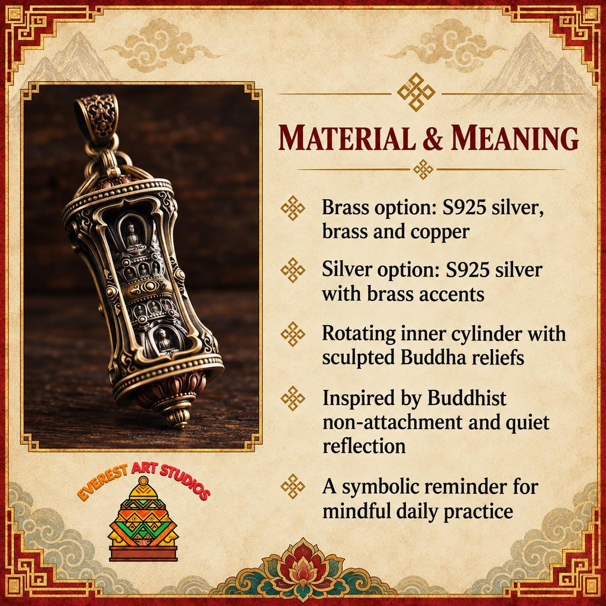 EverestArtStudios Rotating Buddha Pendant, Brass Copper or S925 Silver, Buddhist Relief, Optional Short Braided Strap
