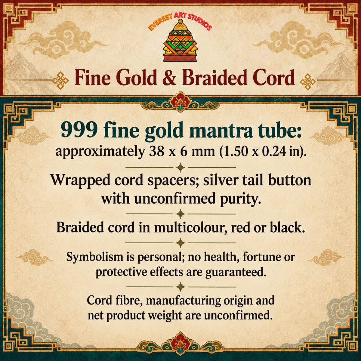 EverestArtStudios 1 gram 999 Fine Gold Six Syllable Mantra Cord Bracelet, Large 38 mm Tube, Red Black or Multicolour Buddhist Wrist Bracelet