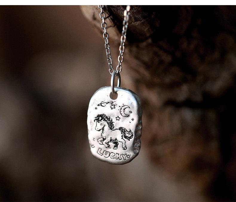 EverestArtStudios 999 Fine Silver Lucky Horse Pendant Necklace, Custom Engraving, Black Wax Cord or 45 cm and 55 cm S925 Chain
