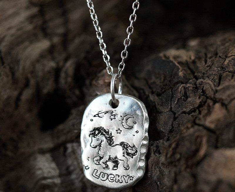 EverestArtStudios 999 Fine Silver Lucky Horse Pendant Necklace, Custom Engraving, Black Wax Cord or 45 cm and 55 cm S925 Chain