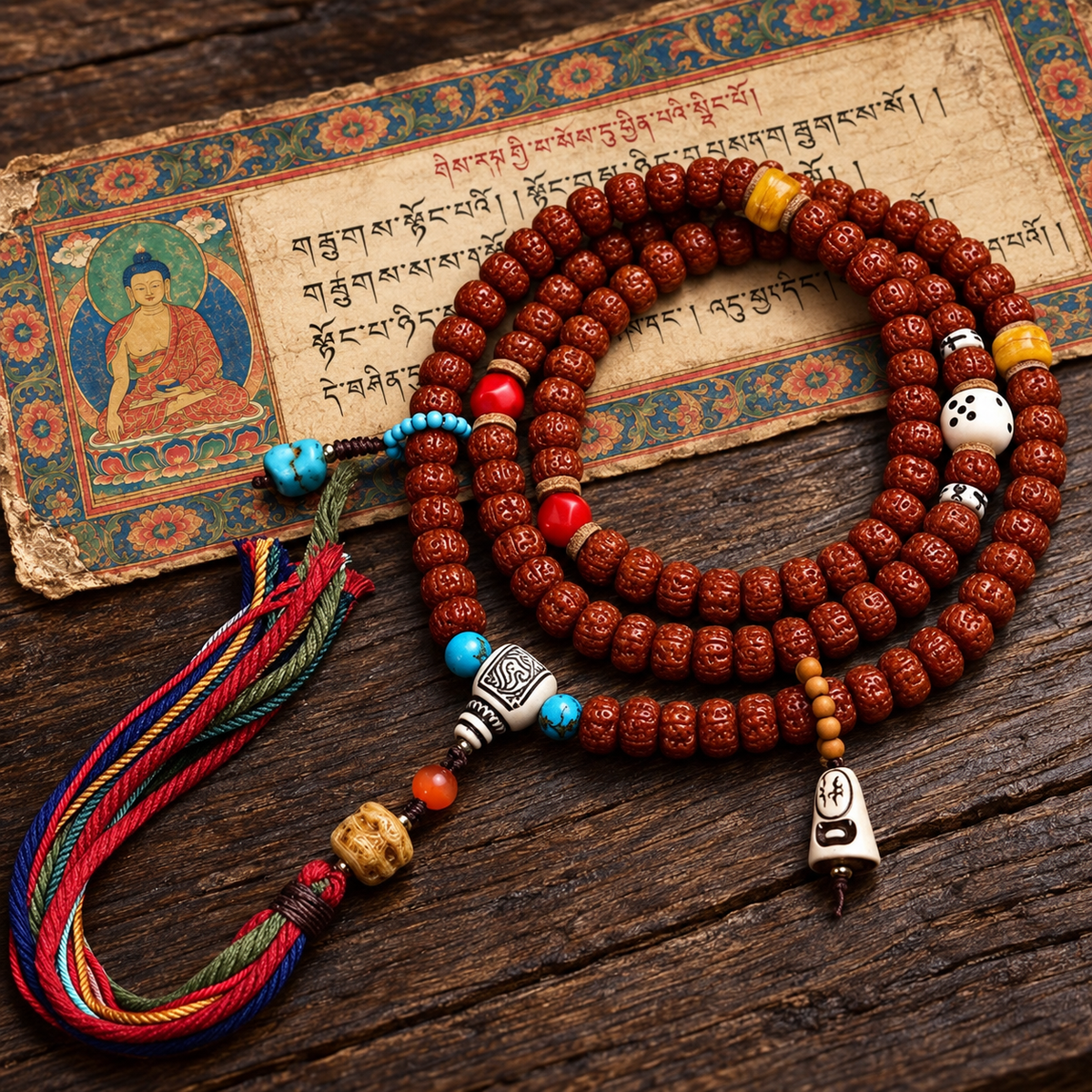 EverestArtstudios Tibetan Double-Dragon Five-Petal Rudraksha 108-Bead Mala Necklace — full product