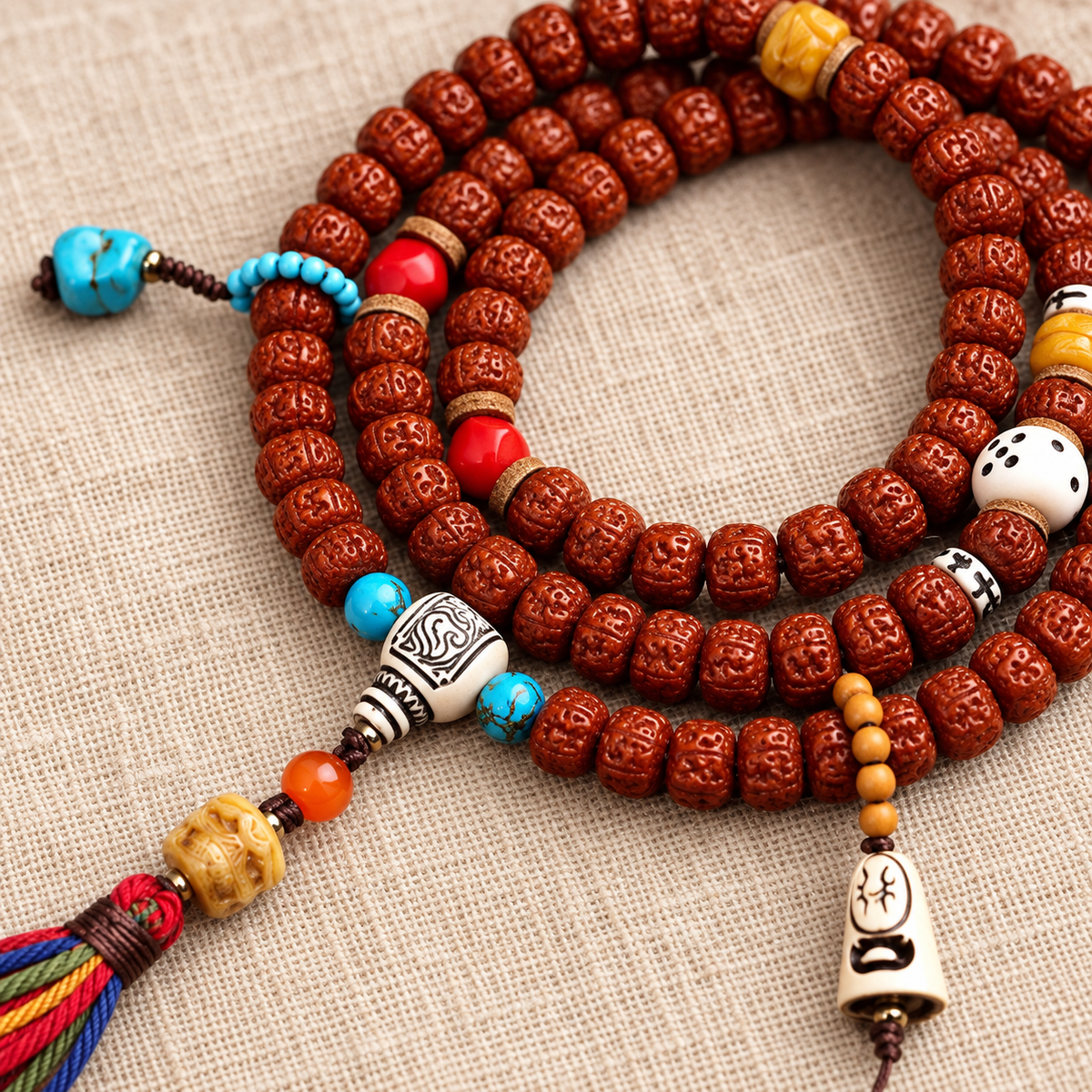 EverestArtstudios Tibetan Double-Dragon Five-Petal Rudraksha 108-Bead Mala Necklace — seed detail