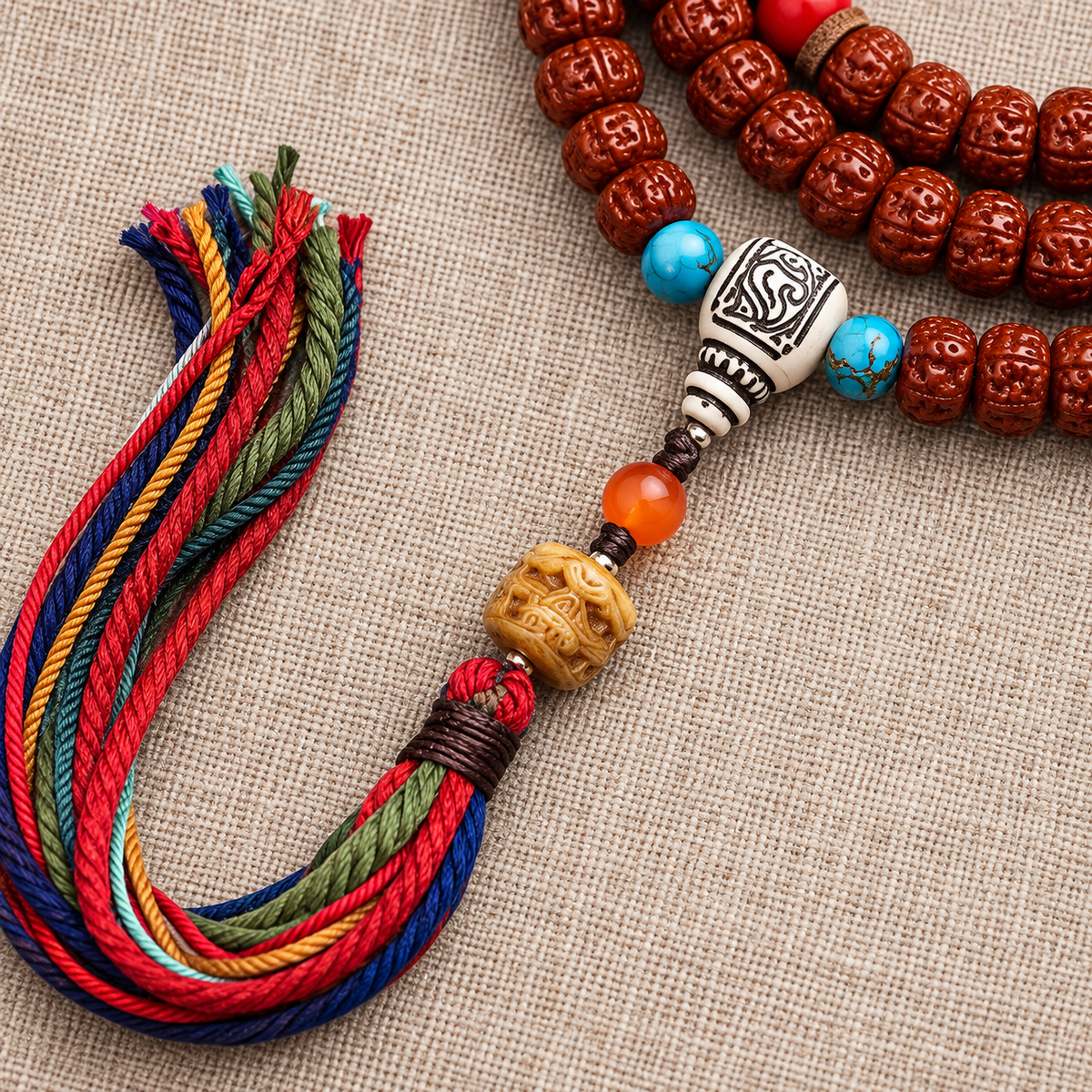 EverestArtstudios Tibetan Double-Dragon Five-Petal Rudraksha 108-Bead Mala Necklace — tassel detail
