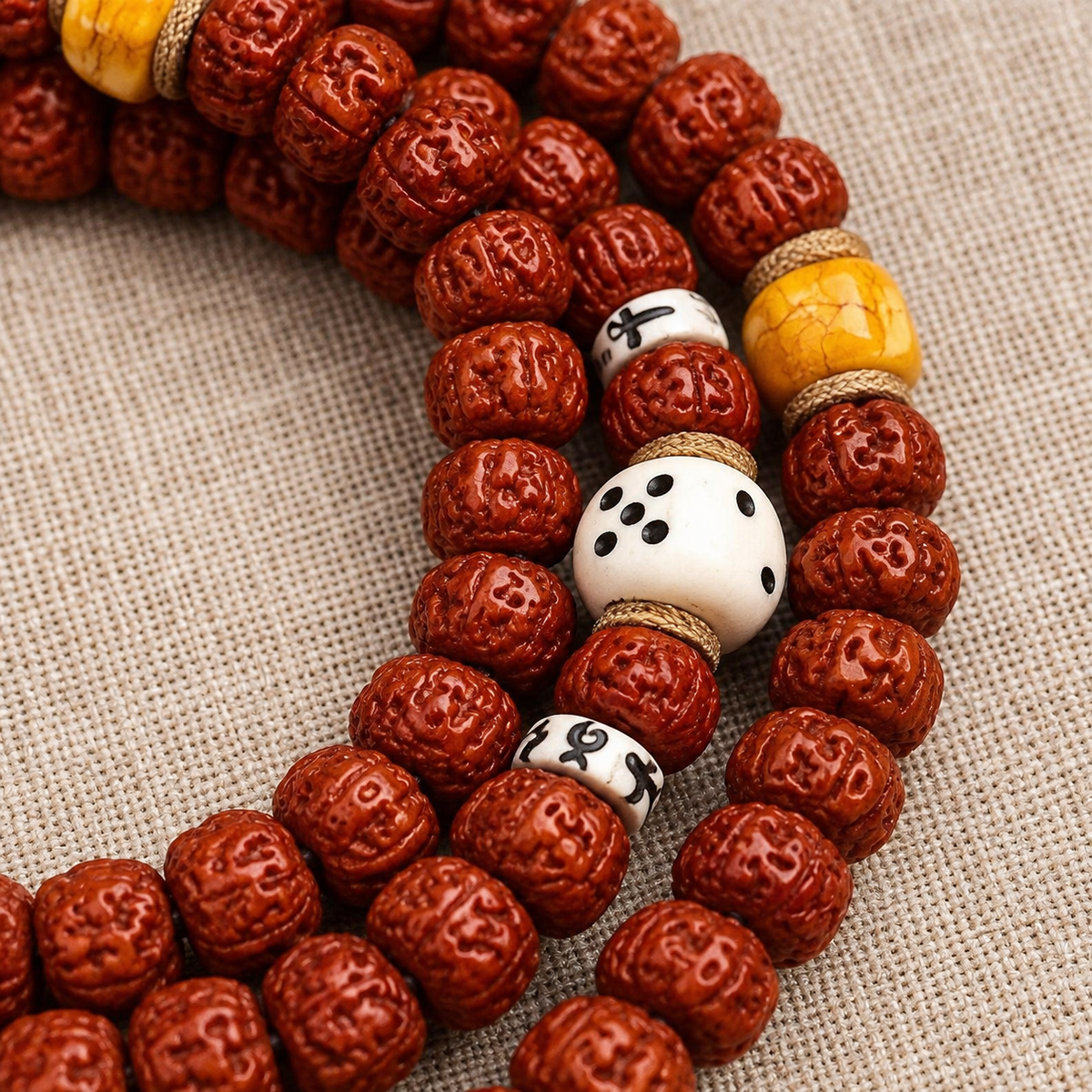EverestArtstudios Tibetan Double-Dragon Five-Petal Rudraksha 108-Bead Mala Necklace — accent detail