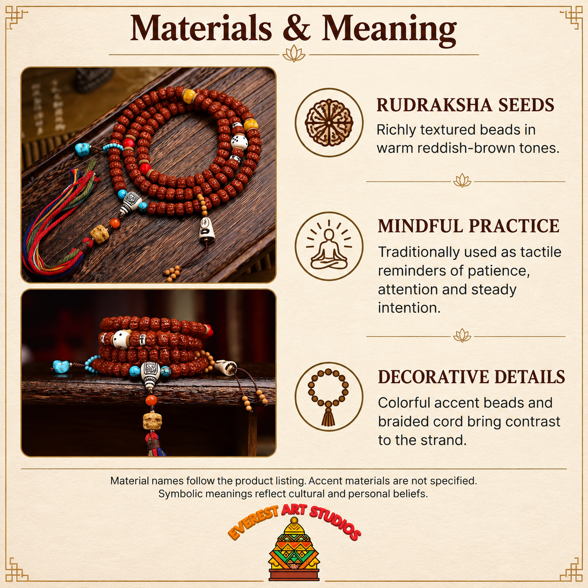 EverestArtstudios Tibetan Double-Dragon Five-Petal Rudraksha 108-Bead Mala Necklace — materials meaning