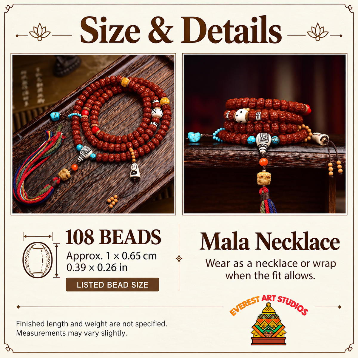 EverestArtstudios Tibetan Double-Dragon Five-Petal Rudraksha 108-Bead Mala Necklace — specifications