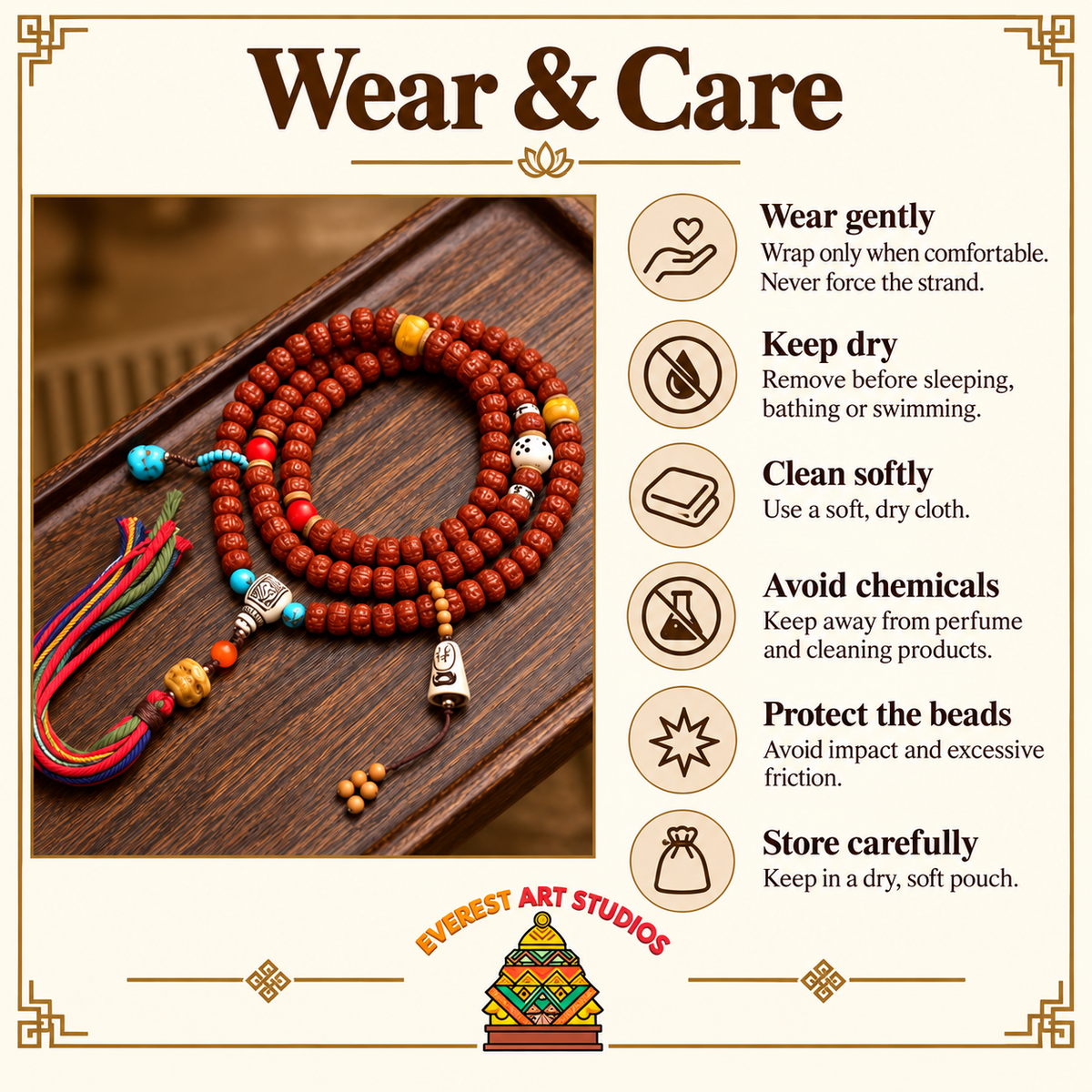 EverestArtstudios Tibetan Double-Dragon Five-Petal Rudraksha 108-Bead Mala Necklace — care