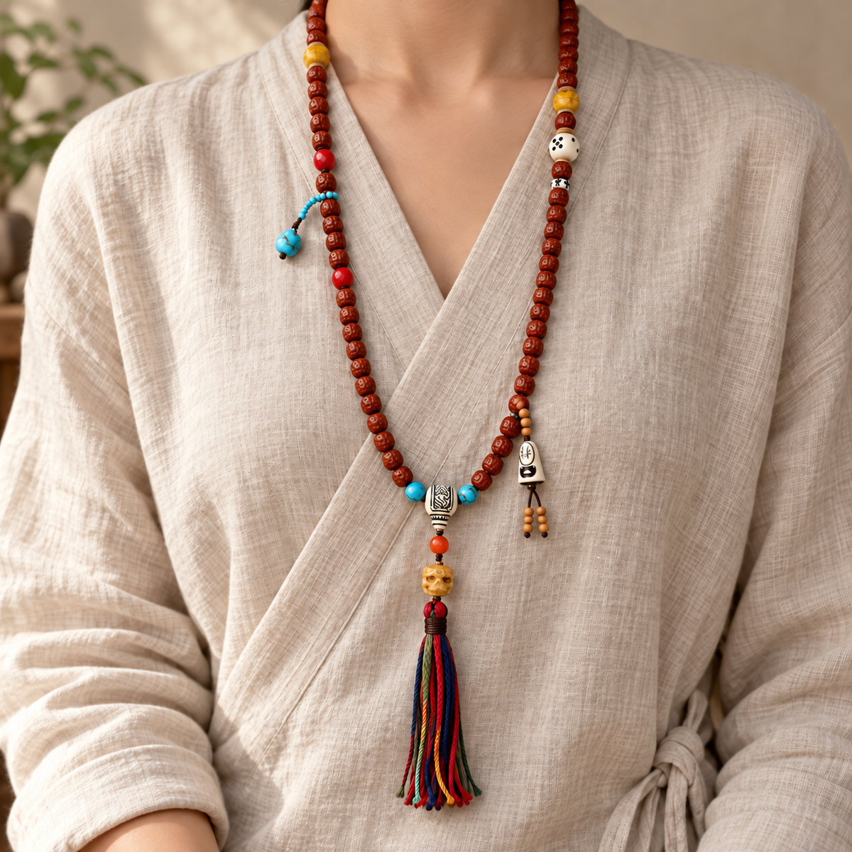 EverestArtstudios Tibetan Double-Dragon Five-Petal Rudraksha 108-Bead Mala Necklace — linen front