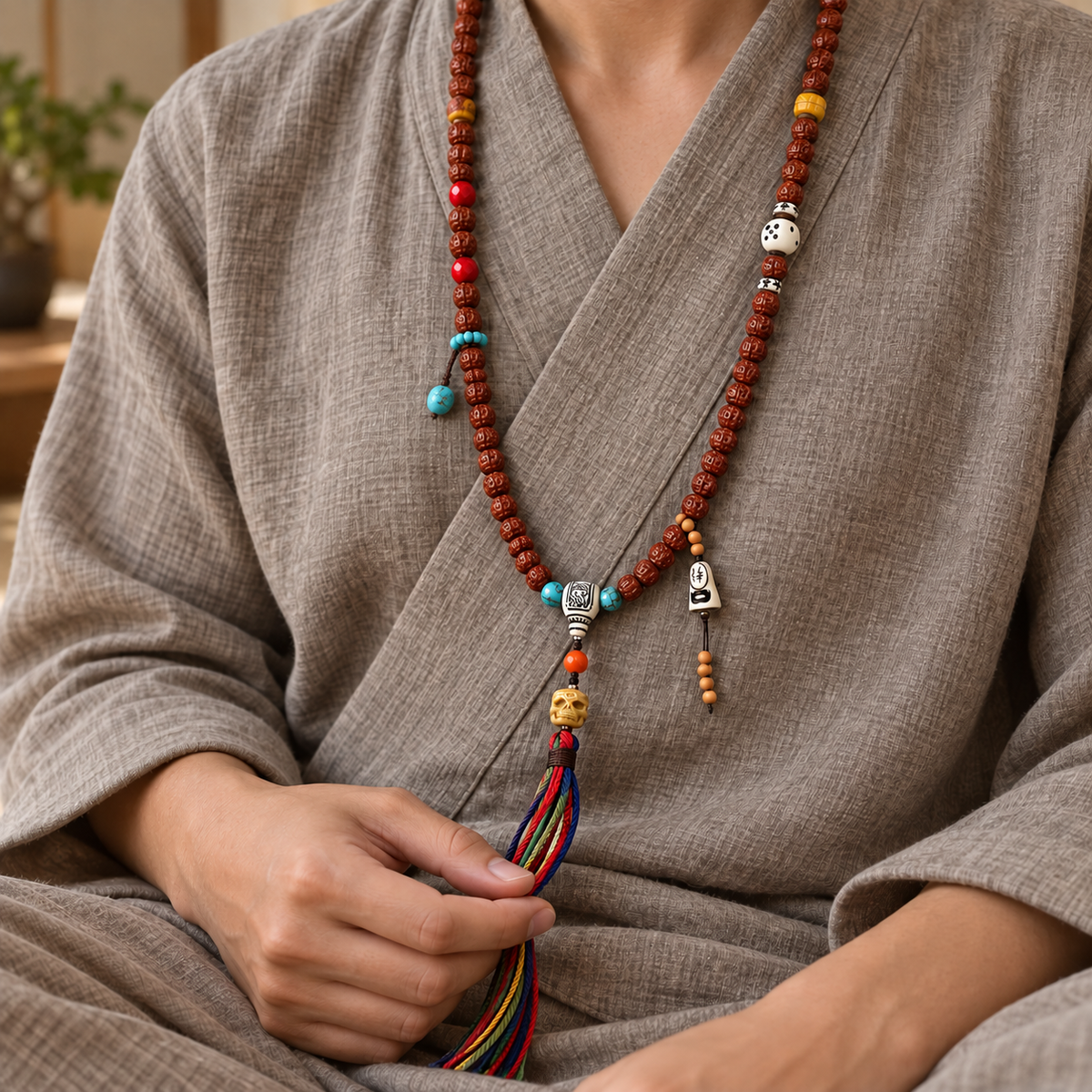 EverestArtstudios Tibetan Double-Dragon Five-Petal Rudraksha 108-Bead Mala Necklace — linen seated