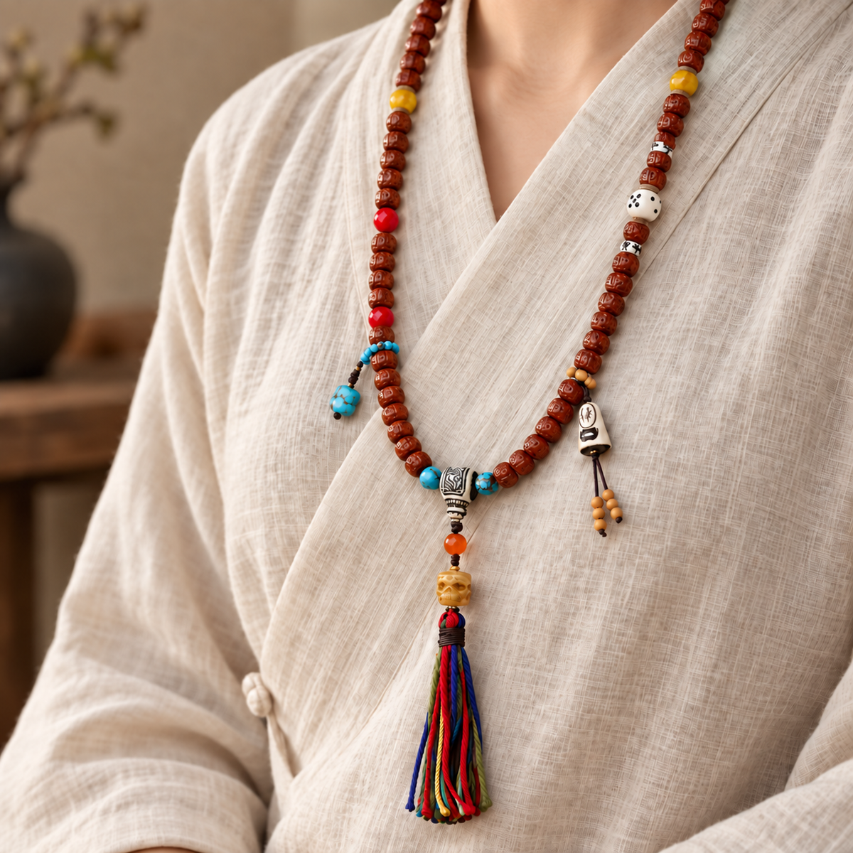 EverestArtstudios Tibetan Double-Dragon Five-Petal Rudraksha 108-Bead Mala Necklace — linen side