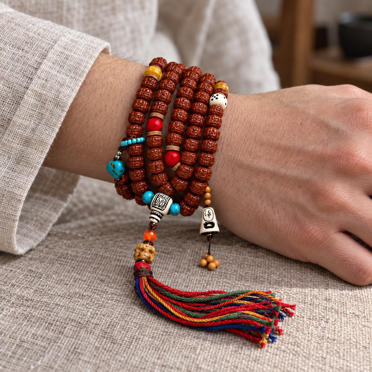 EverestArtstudios Tibetan Double-Dragon Five-Petal Rudraksha 108-Bead Mala Necklace — wrist resting