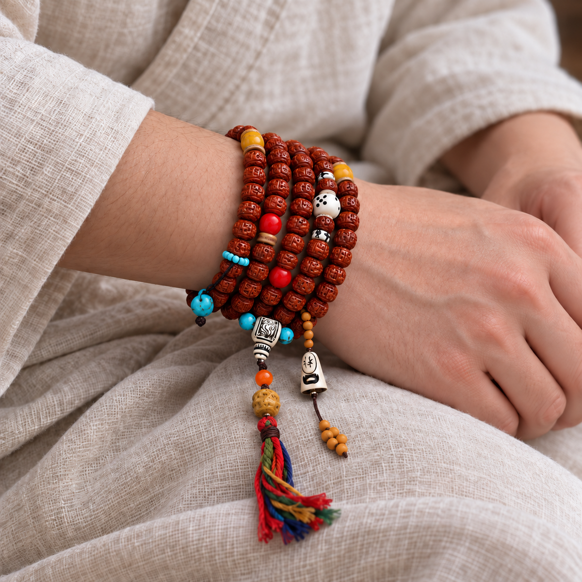 EverestArtstudios Tibetan Double-Dragon Five-Petal Rudraksha 108-Bead Mala Necklace — wrist crossed