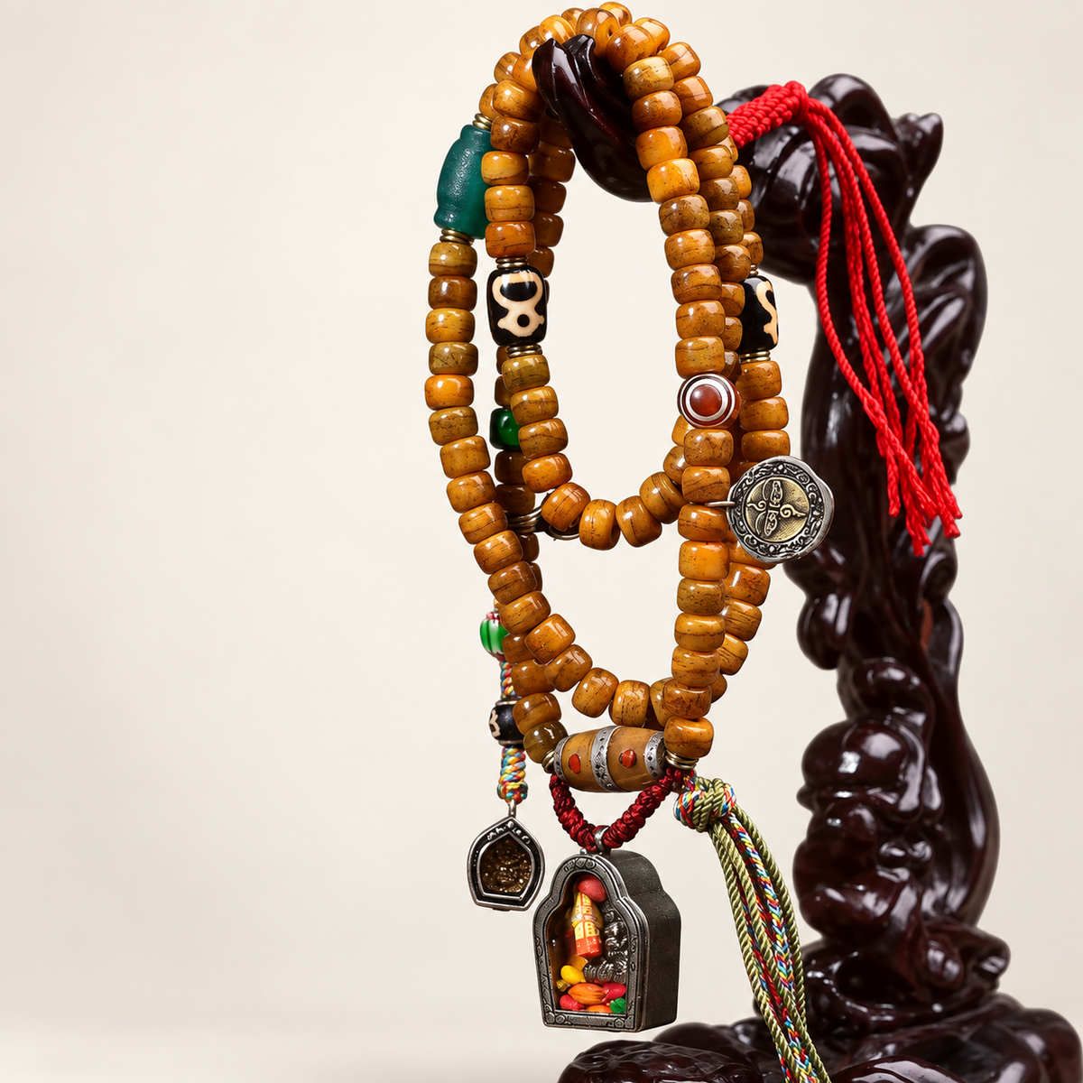 EverestArtstudios Tibetan Vintage Camel Bone Barrel-Bead 108-Bead Mala Wrap Bracelet — hanging product