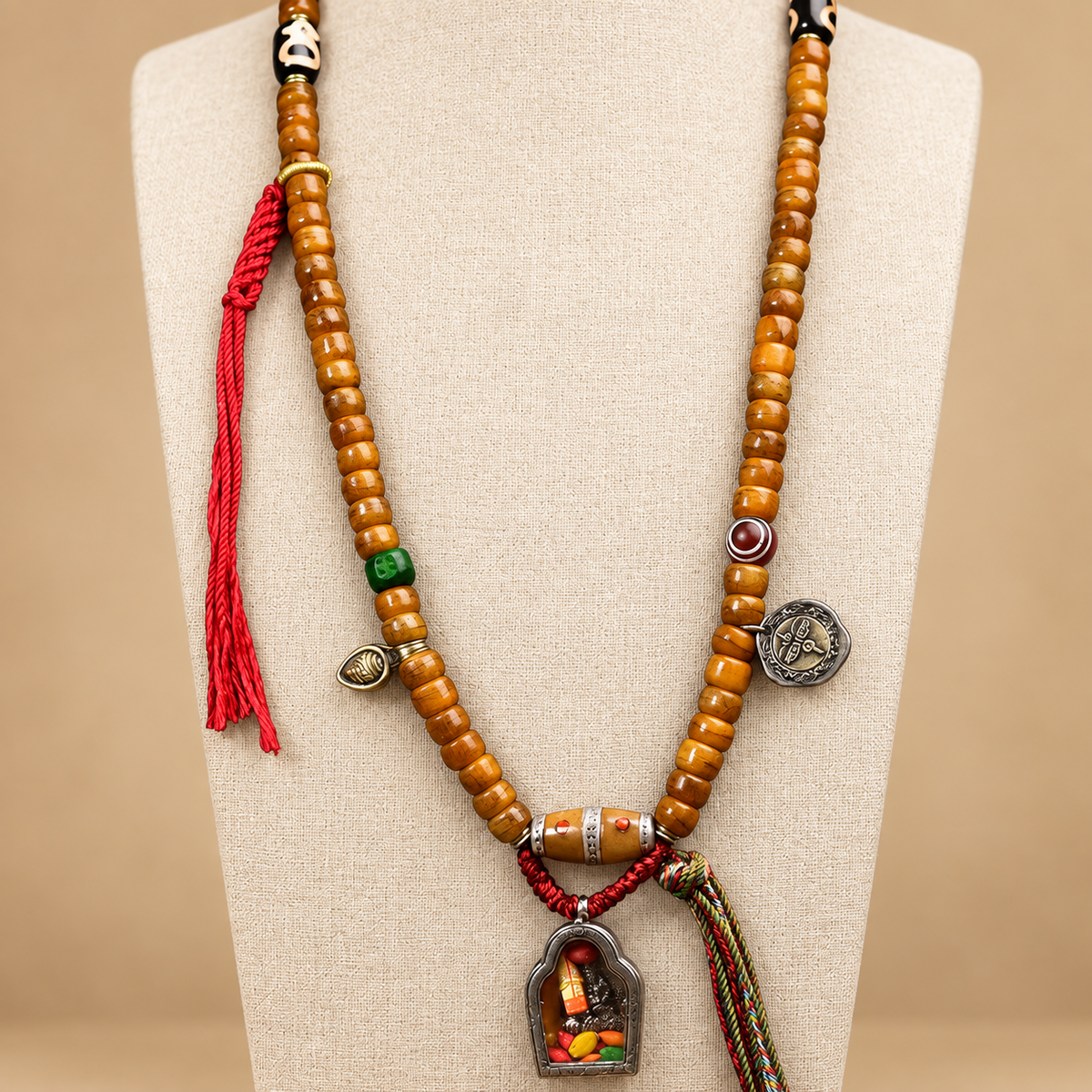 EverestArtstudios Tibetan Vintage Camel Bone Barrel-Bead 108-Bead Mala Wrap Bracelet — necklace display