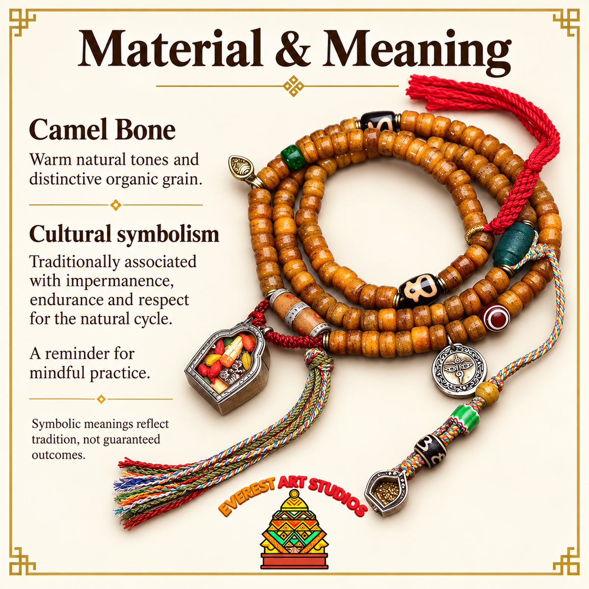 EverestArtstudios Tibetan Vintage Camel Bone Barrel-Bead 108-Bead Mala Wrap Bracelet — materials meaning